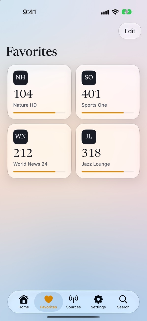 Drive-In Favorites screen with four channel tiles