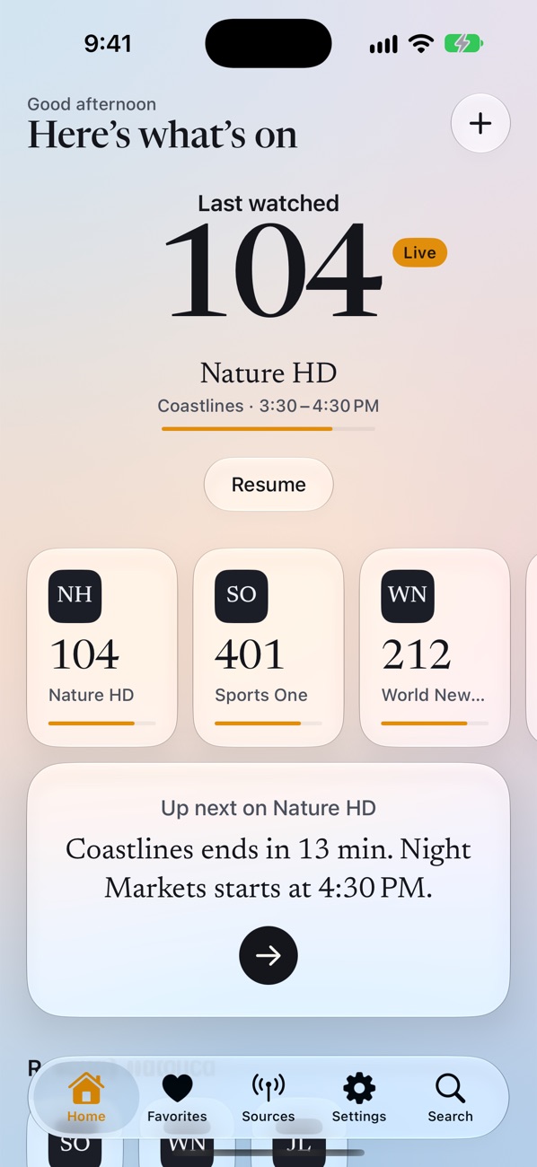 Drive-In Home screen showing the last watched channel, 104 Nature HD, with what is on now