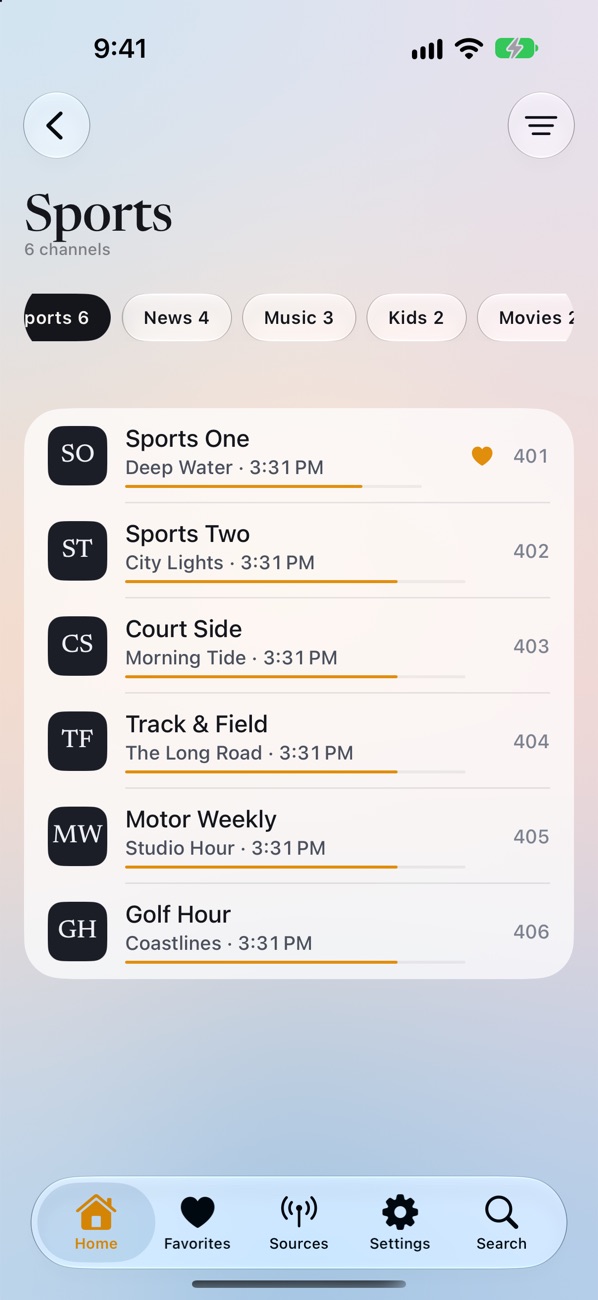 Sports channel list with the programme on now and a progress bar under each channel