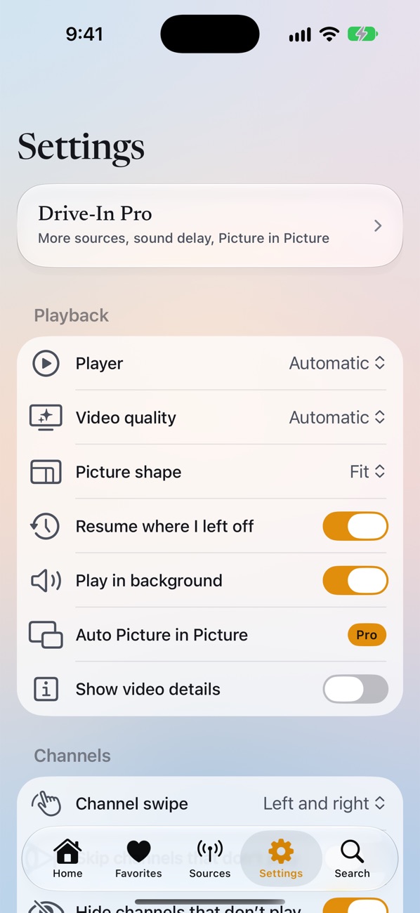 Drive-In Settings with Player, Video quality, Picture shape and Play in background
